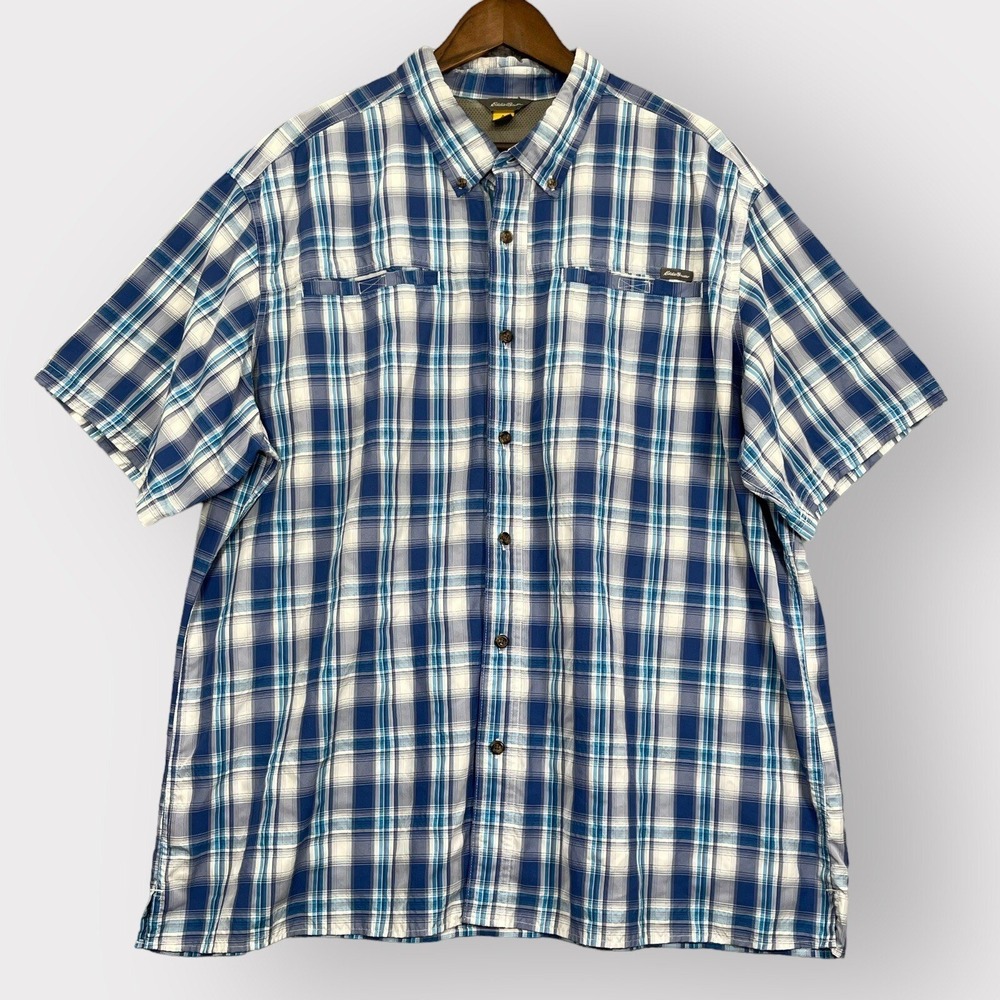 Eddie Bauer Plaid Shirt Mens 2XL Blue Short Sleeve Mesh Vent Outdoor Excellent